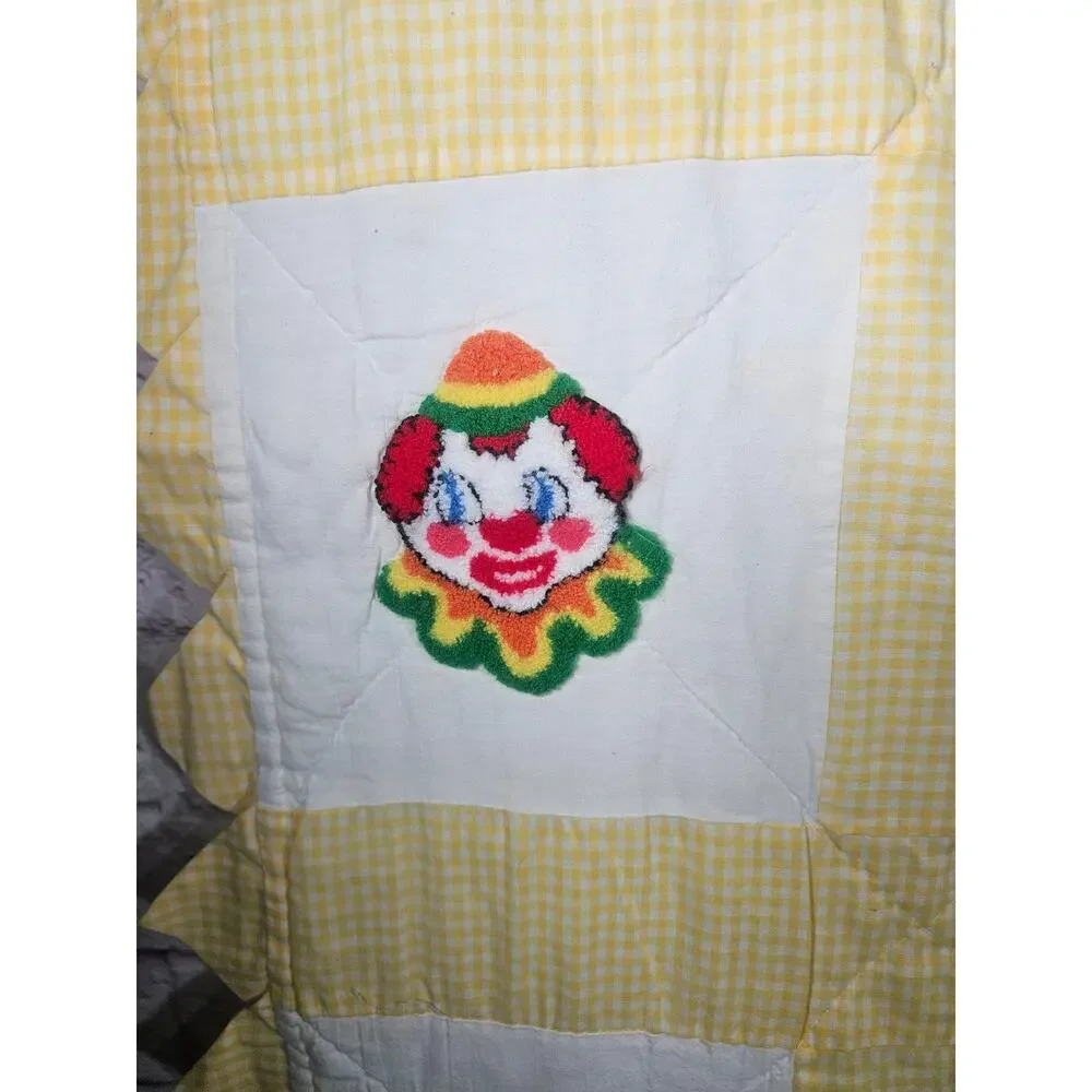 Vintage Handmade Baby Quilt 20 Embroidered Animal Blocks Circus Yellow 52x41